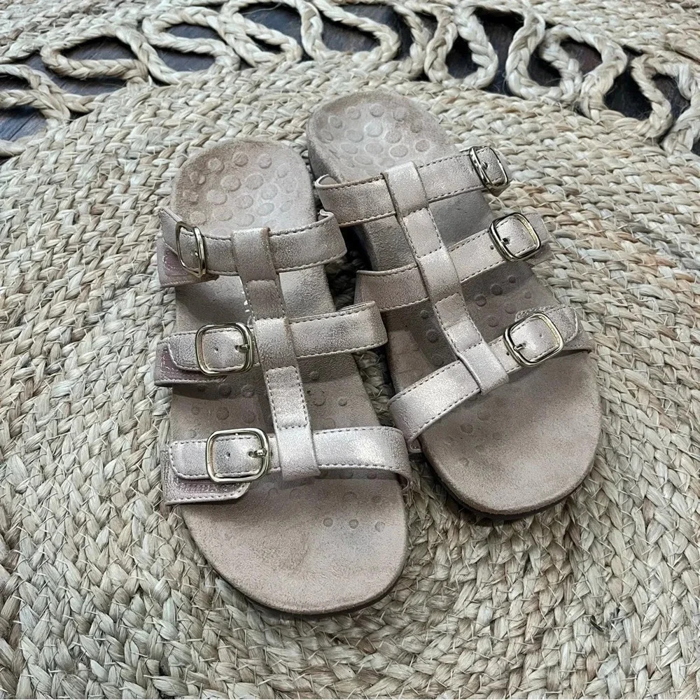 VIONIC MISA ROSE GOLD SLIDES SANDALS SIZE 8 ADJUSTABLE BUCKLES